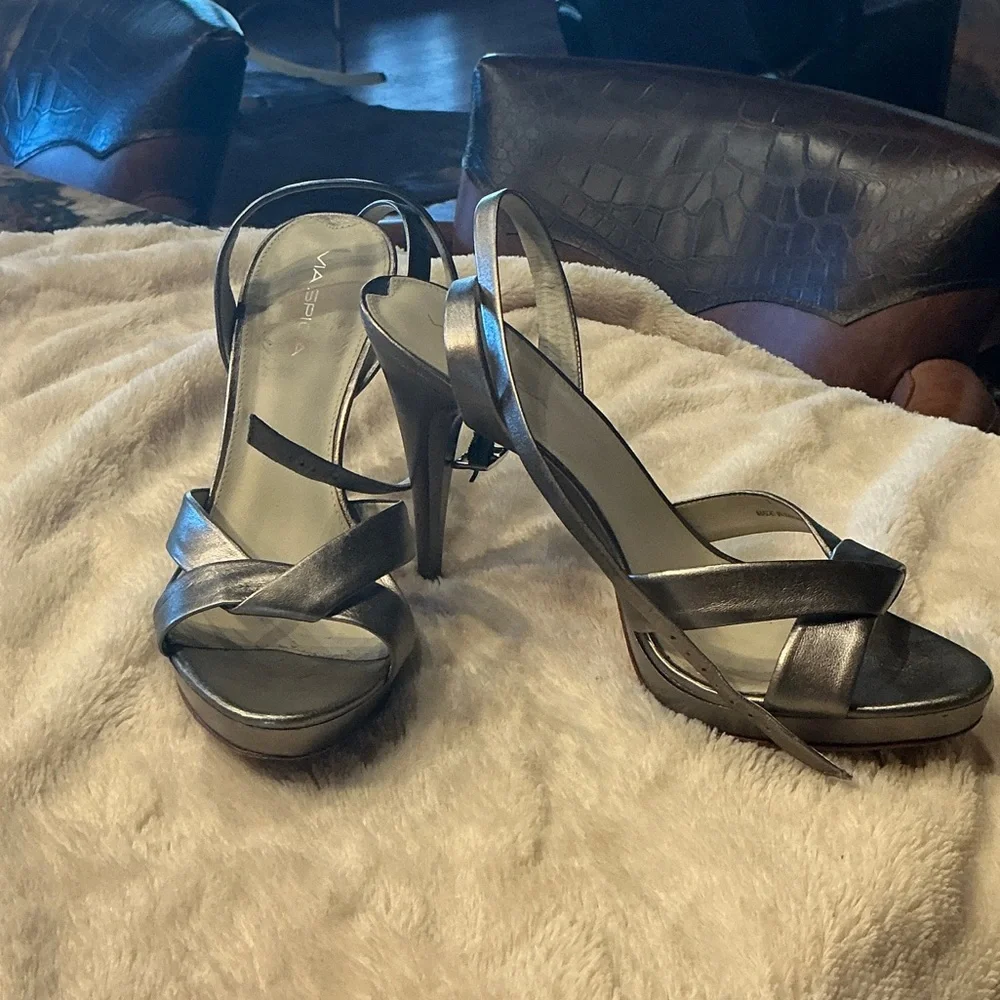 Via Spiga Metallic Silver Strappy Heels - Picture 2 of 4